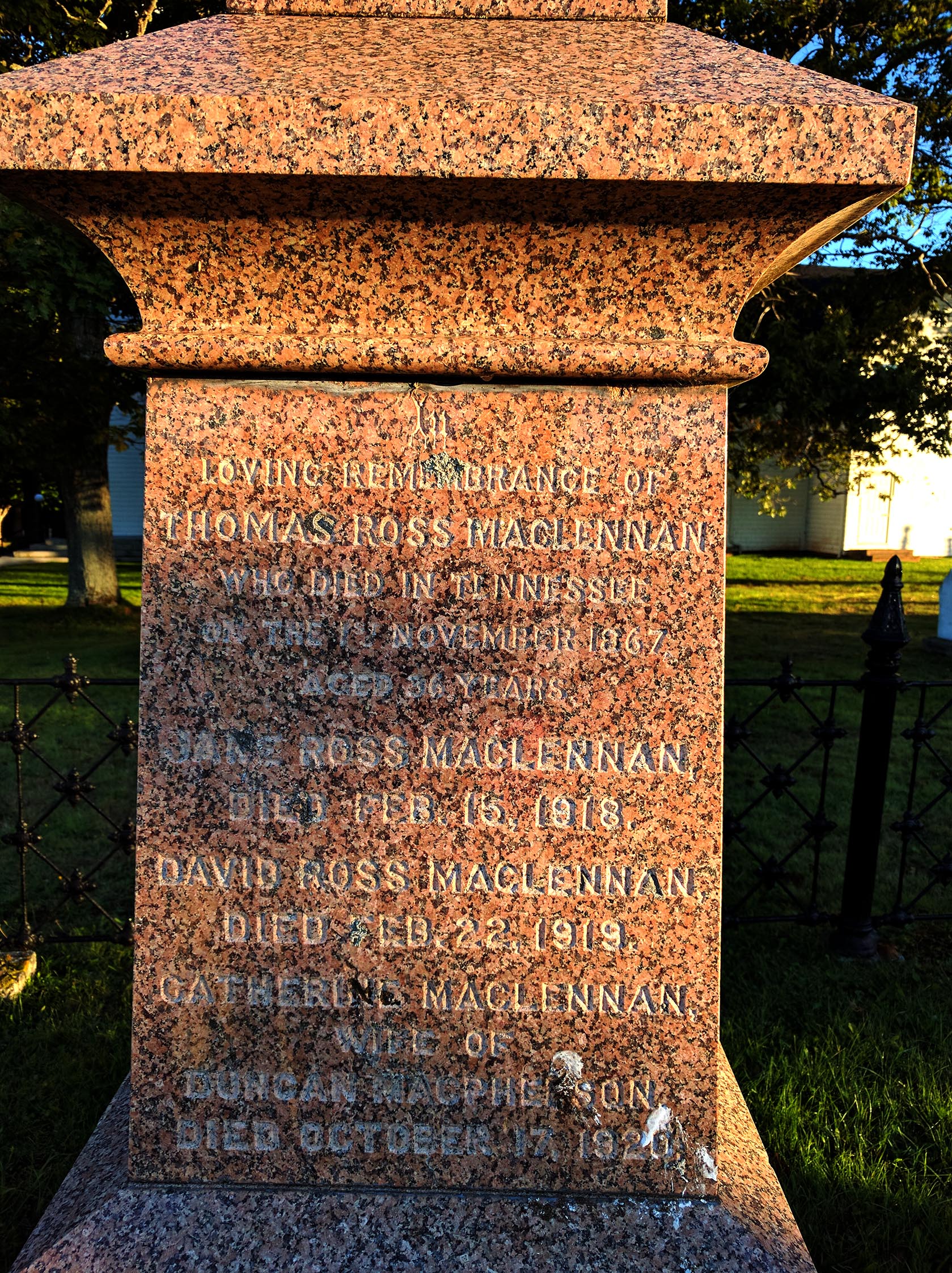 Photo of headstones/Thomas Ross MacLennan d1867 MI St Johns Belfast PEI